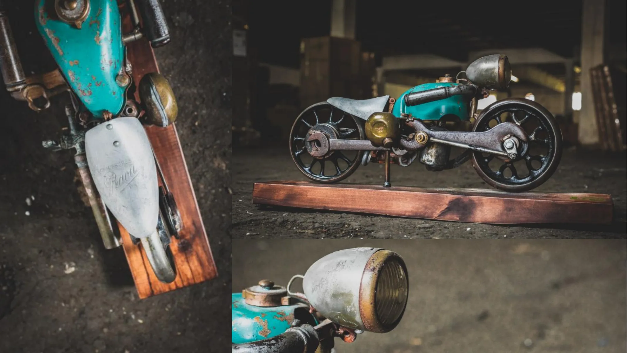 Detailed small motorcycle sculpture in workshop setting